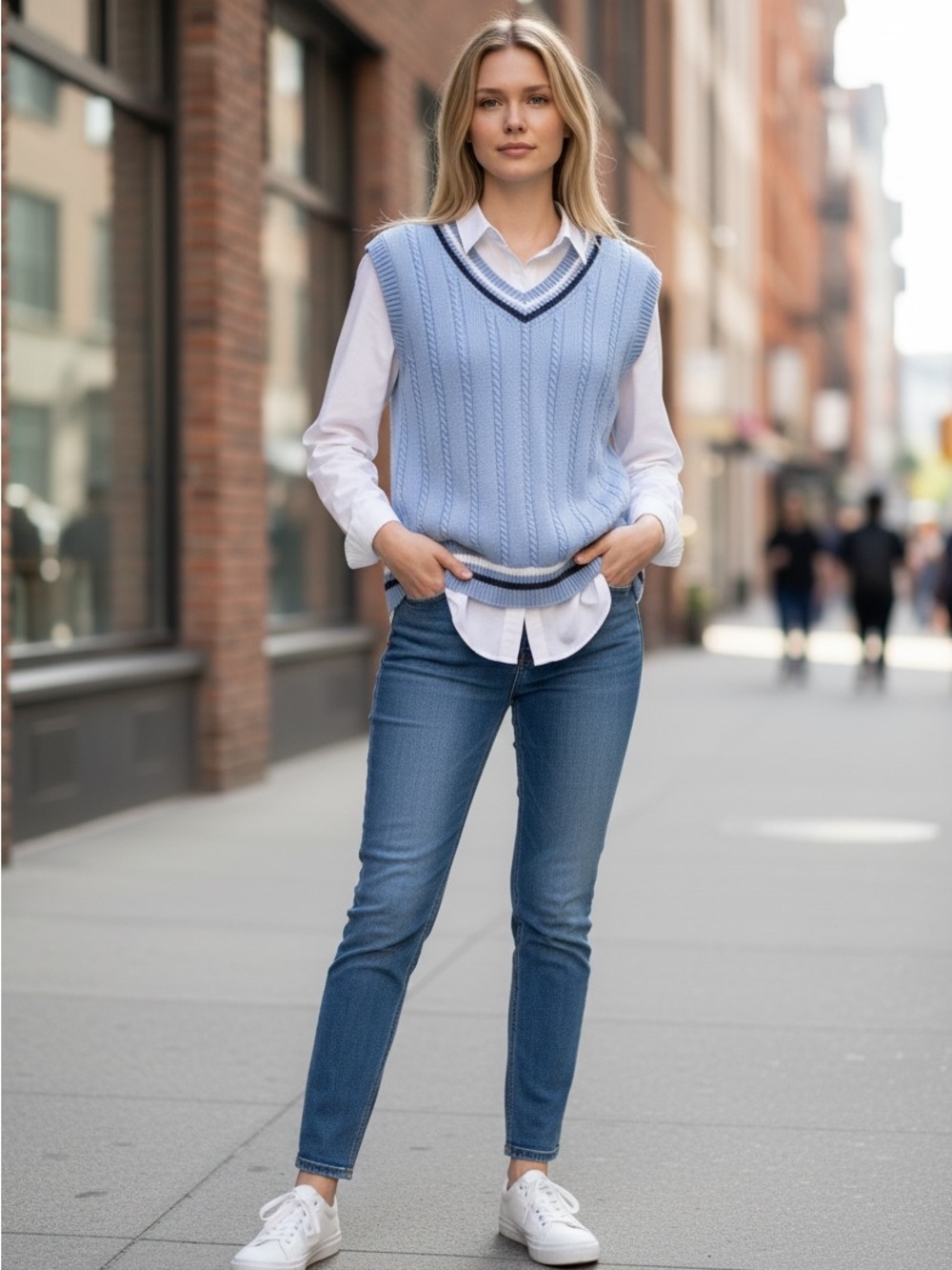 Amazon Light Blue Cable Knit V‑Neck Sweater Vest with Navy Trim